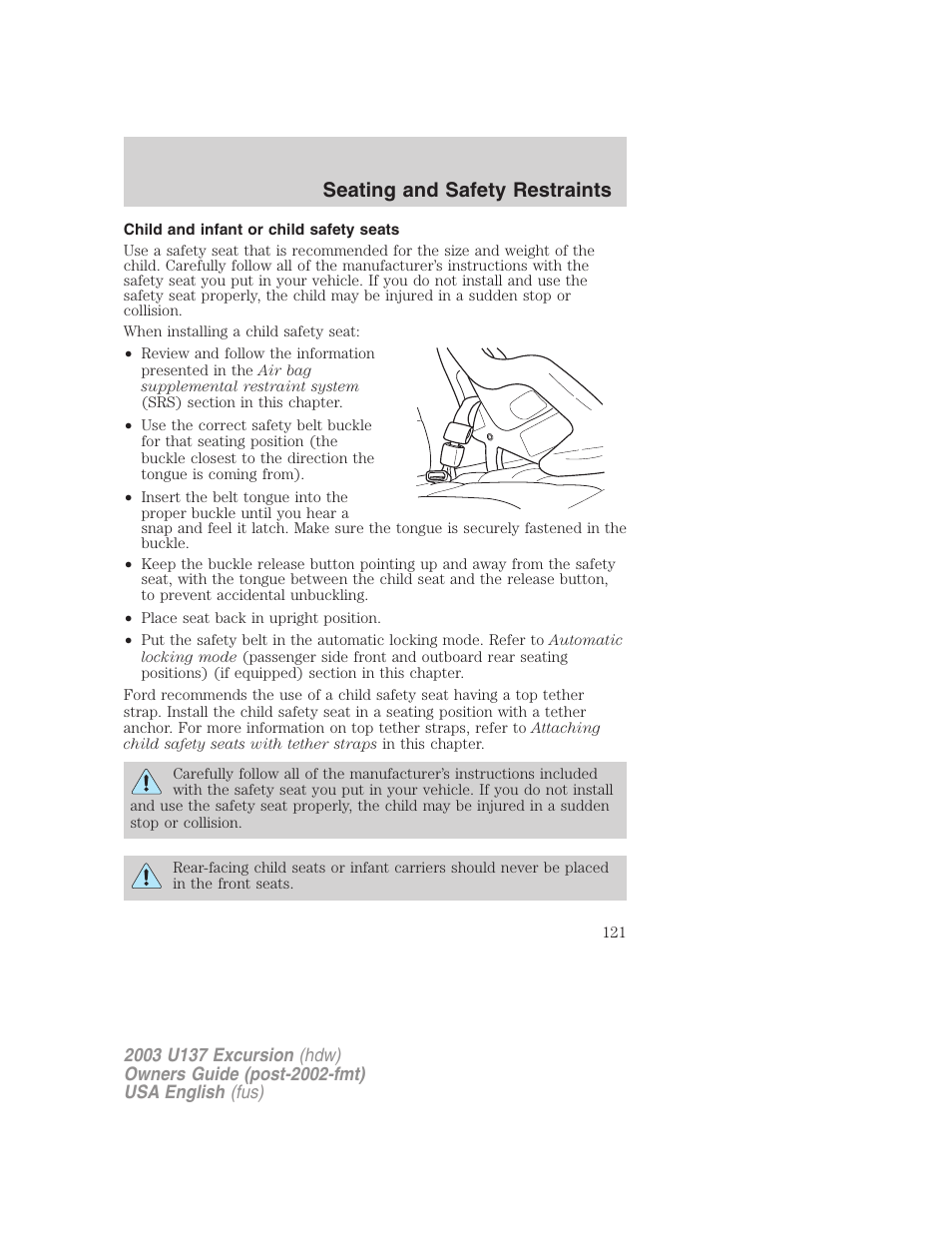 Seating and safety restraints | FORD 2003 Excursion v.3 User Manual | Page 121 / 256