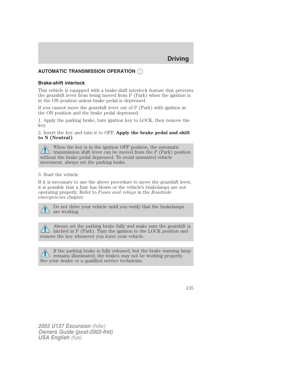 Driving | FORD 2003 Excursion v.3 User Manual | Page 135 / 256