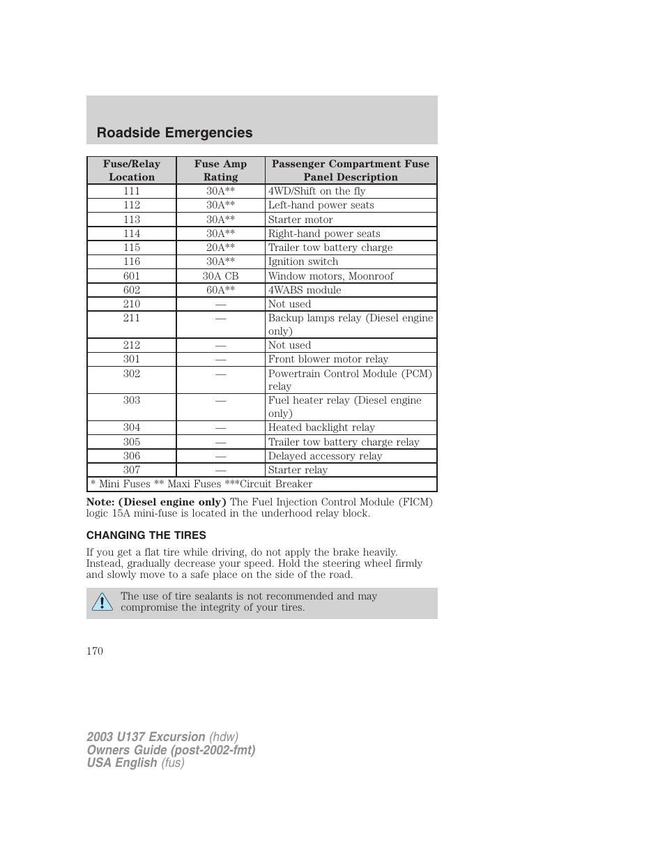 Roadside emergencies | FORD 2003 Excursion v.3 User Manual | Page 170 / 256