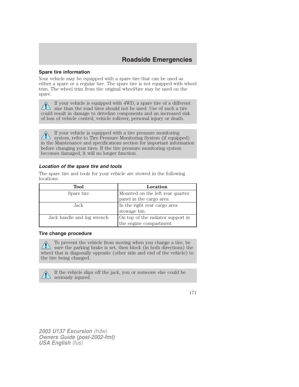 Roadside emergencies | FORD 2003 Excursion v.3 User Manual | Page 171 / 256