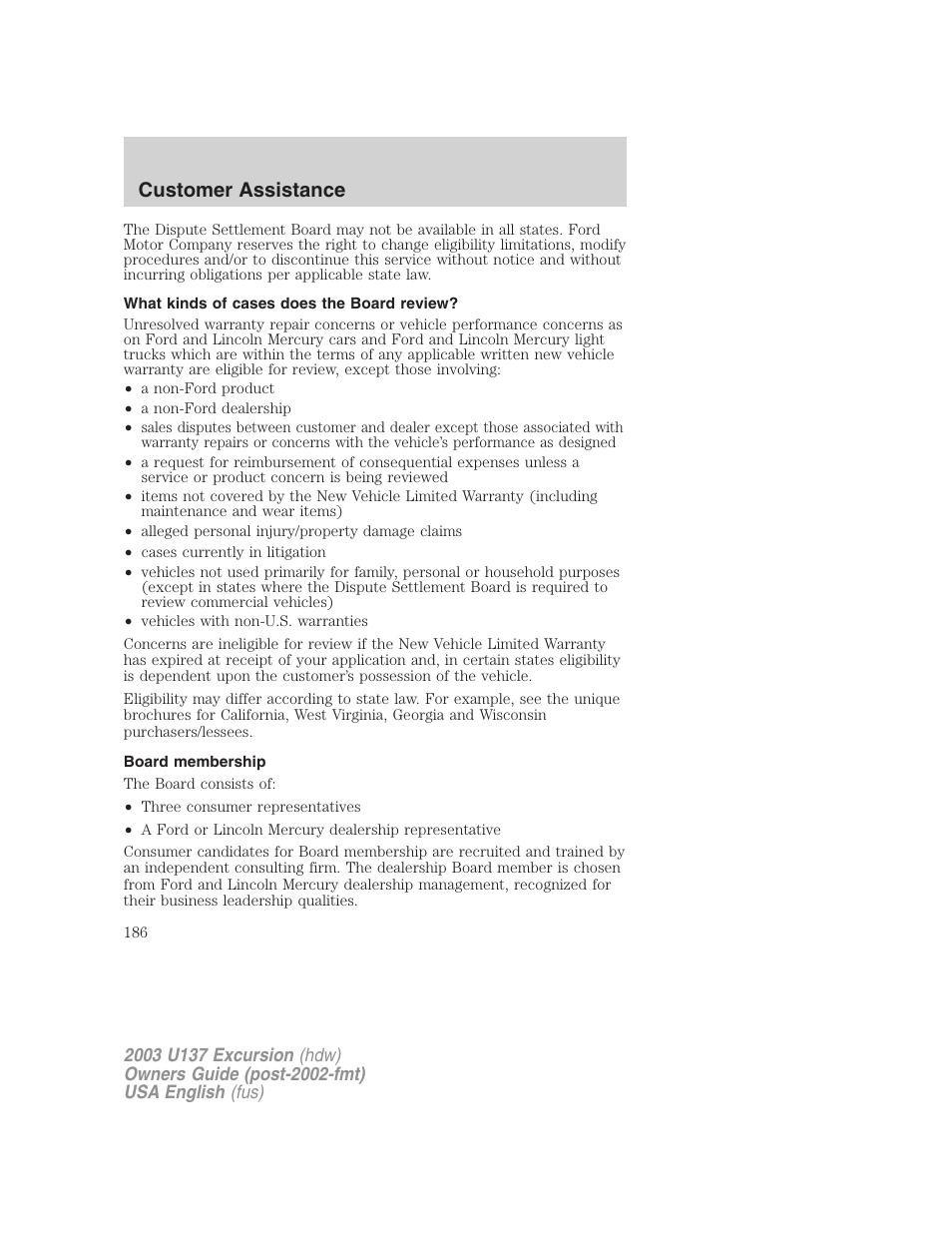 Customer assistance | FORD 2003 Excursion v.3 User Manual | Page 186 / 256