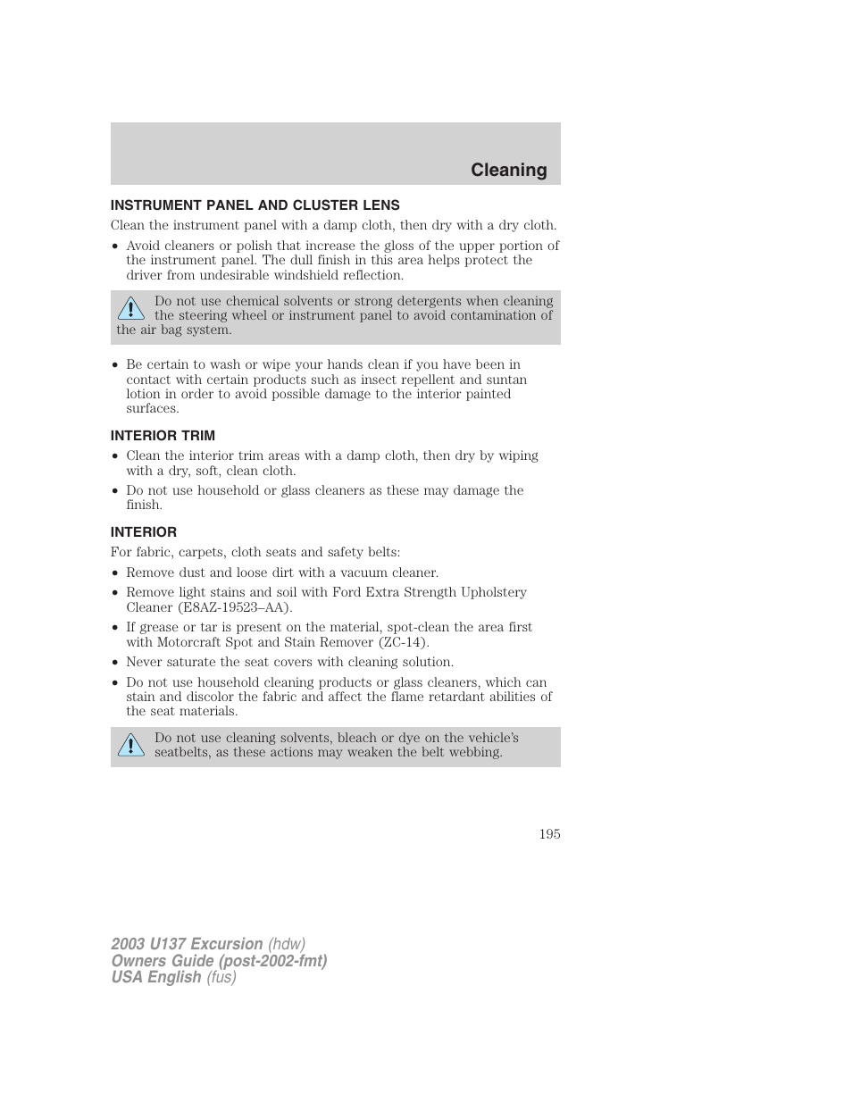 Cleaning | FORD 2003 Excursion v.3 User Manual | Page 195 / 256