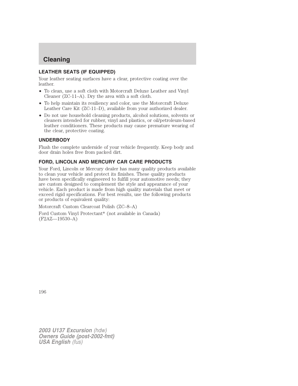 Cleaning | FORD 2003 Excursion v.3 User Manual | Page 196 / 256