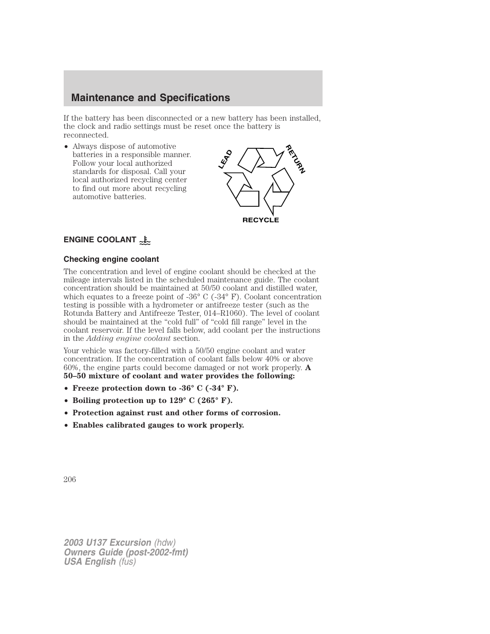 Maintenance and specifications | FORD 2003 Excursion v.3 User Manual | Page 206 / 256