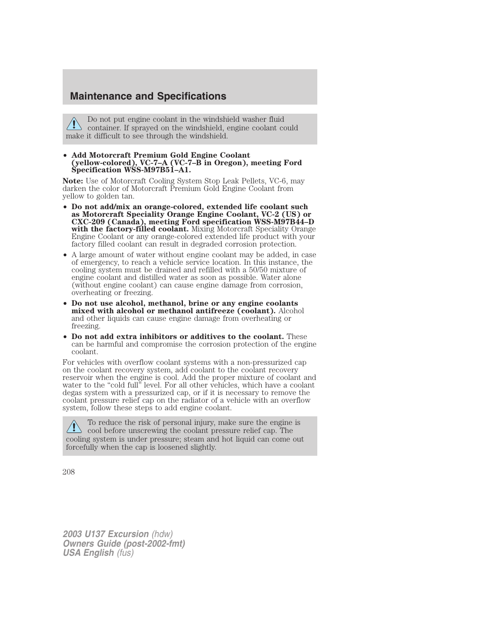 Maintenance and specifications | FORD 2003 Excursion v.3 User Manual | Page 208 / 256