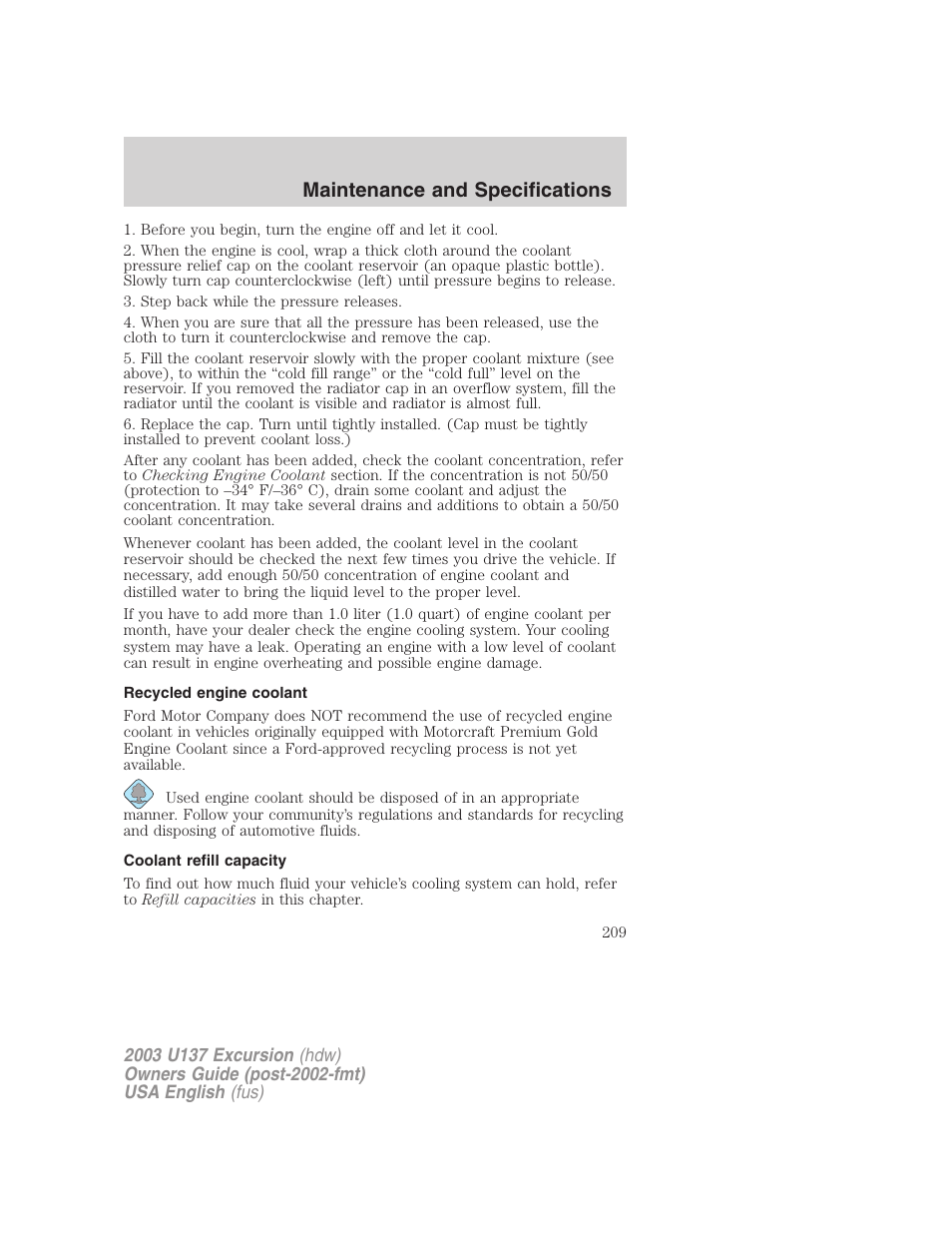 Maintenance and specifications | FORD 2003 Excursion v.3 User Manual | Page 209 / 256