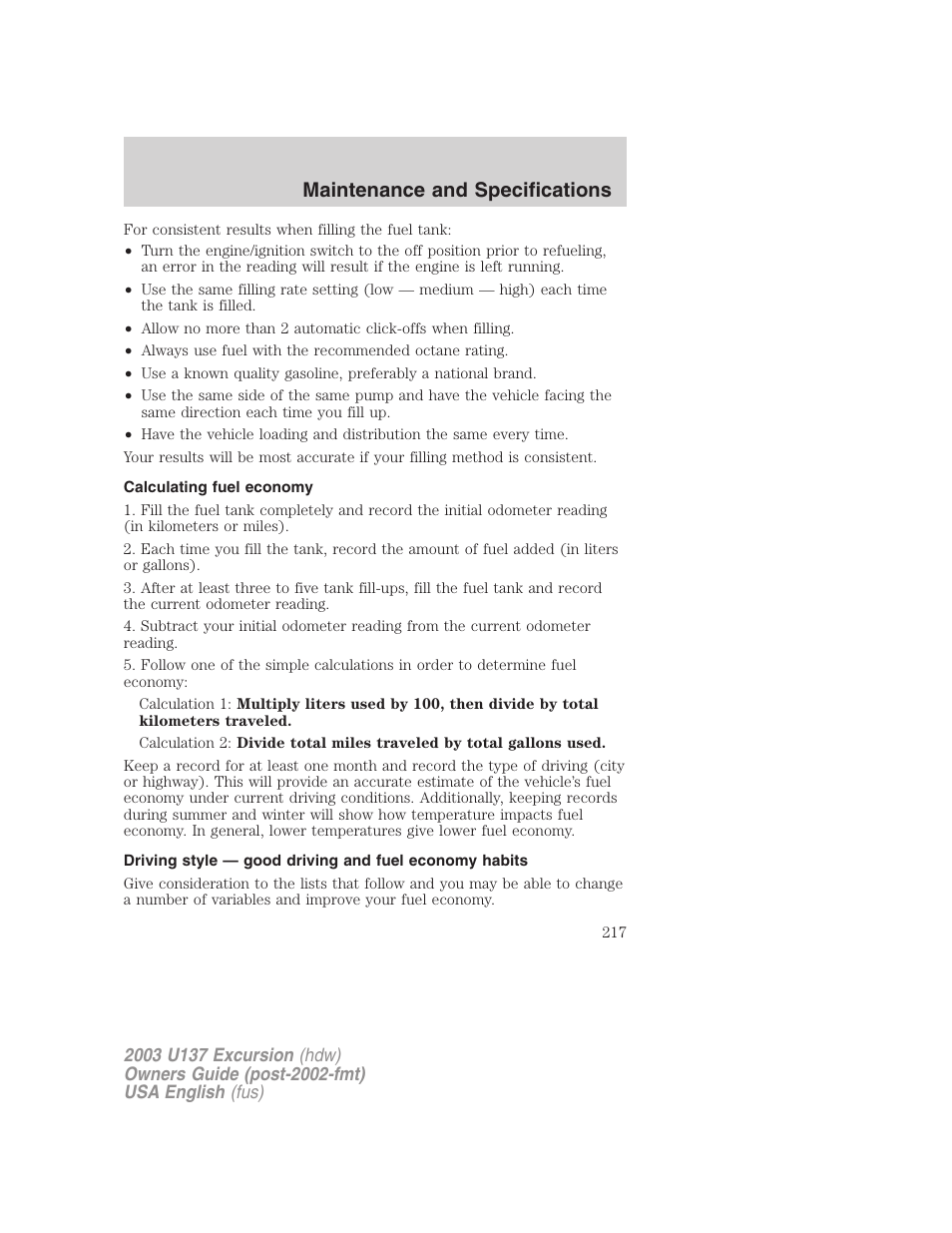 Maintenance and specifications | FORD 2003 Excursion v.3 User Manual | Page 217 / 256