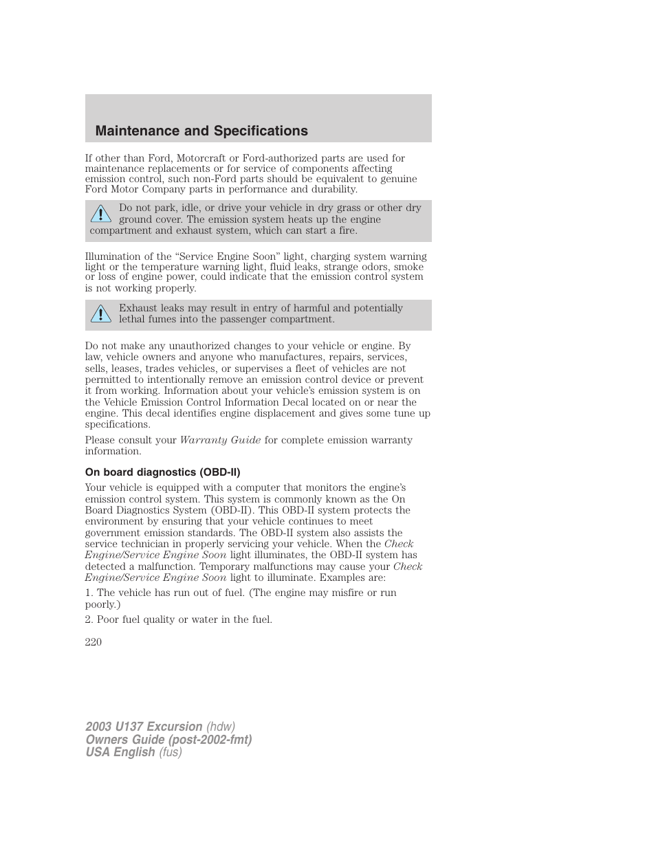 Maintenance and specifications | FORD 2003 Excursion v.3 User Manual | Page 220 / 256