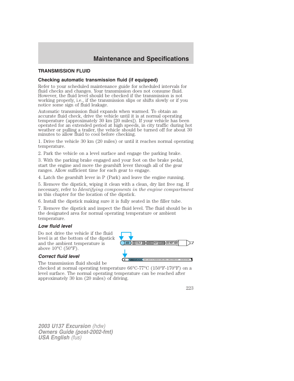 Maintenance and specifications | FORD 2003 Excursion v.3 User Manual | Page 223 / 256