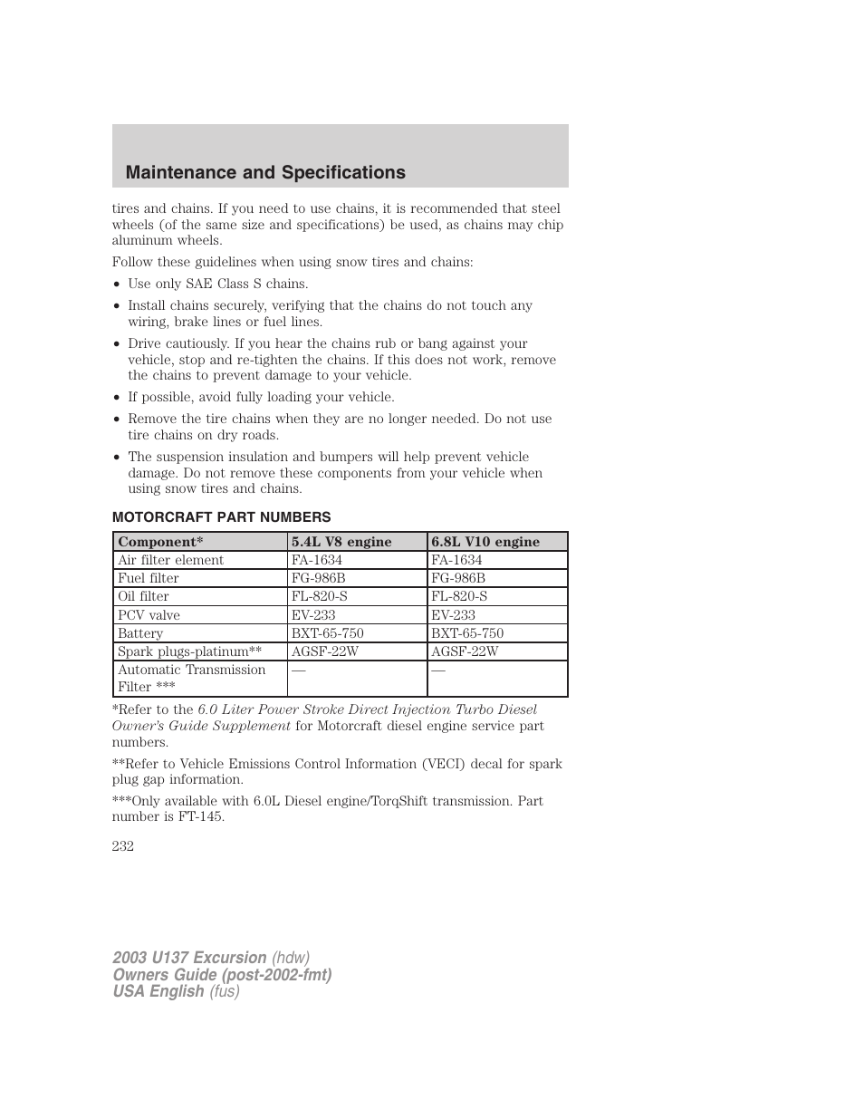 Maintenance and specifications | FORD 2003 Excursion v.3 User Manual | Page 232 / 256