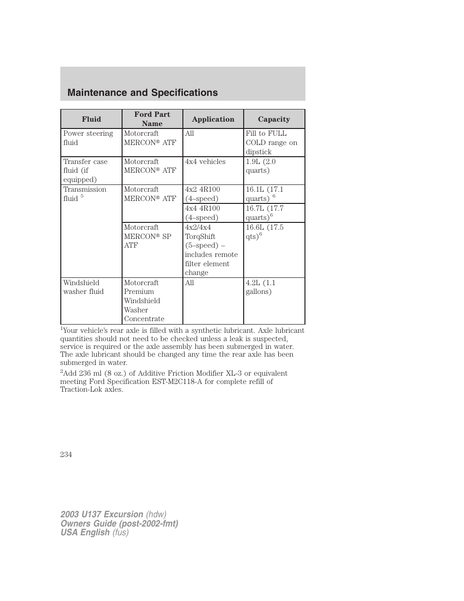 Maintenance and specifications | FORD 2003 Excursion v.3 User Manual | Page 234 / 256