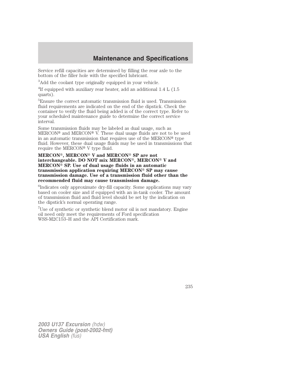 Maintenance and specifications | FORD 2003 Excursion v.3 User Manual | Page 235 / 256