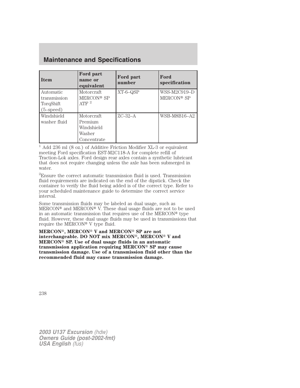 Maintenance and specifications | FORD 2003 Excursion v.3 User Manual | Page 238 / 256