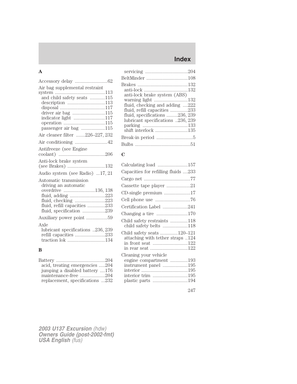 Index | FORD 2003 Excursion v.3 User Manual | Page 247 / 256