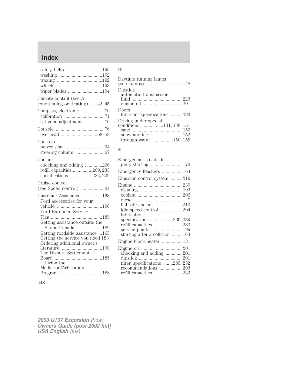 Index | FORD 2003 Excursion v.3 User Manual | Page 248 / 256