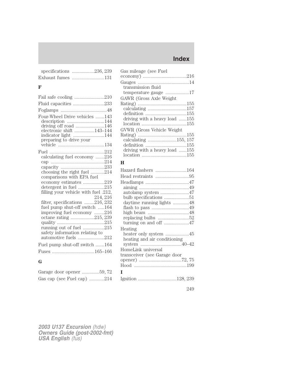 Index | FORD 2003 Excursion v.3 User Manual | Page 249 / 256