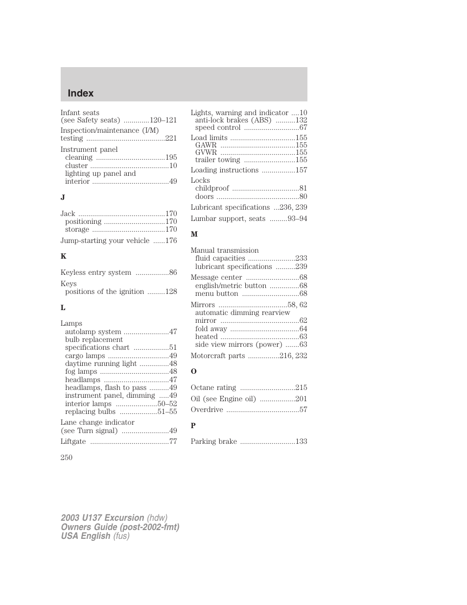 Index | FORD 2003 Excursion v.3 User Manual | Page 250 / 256