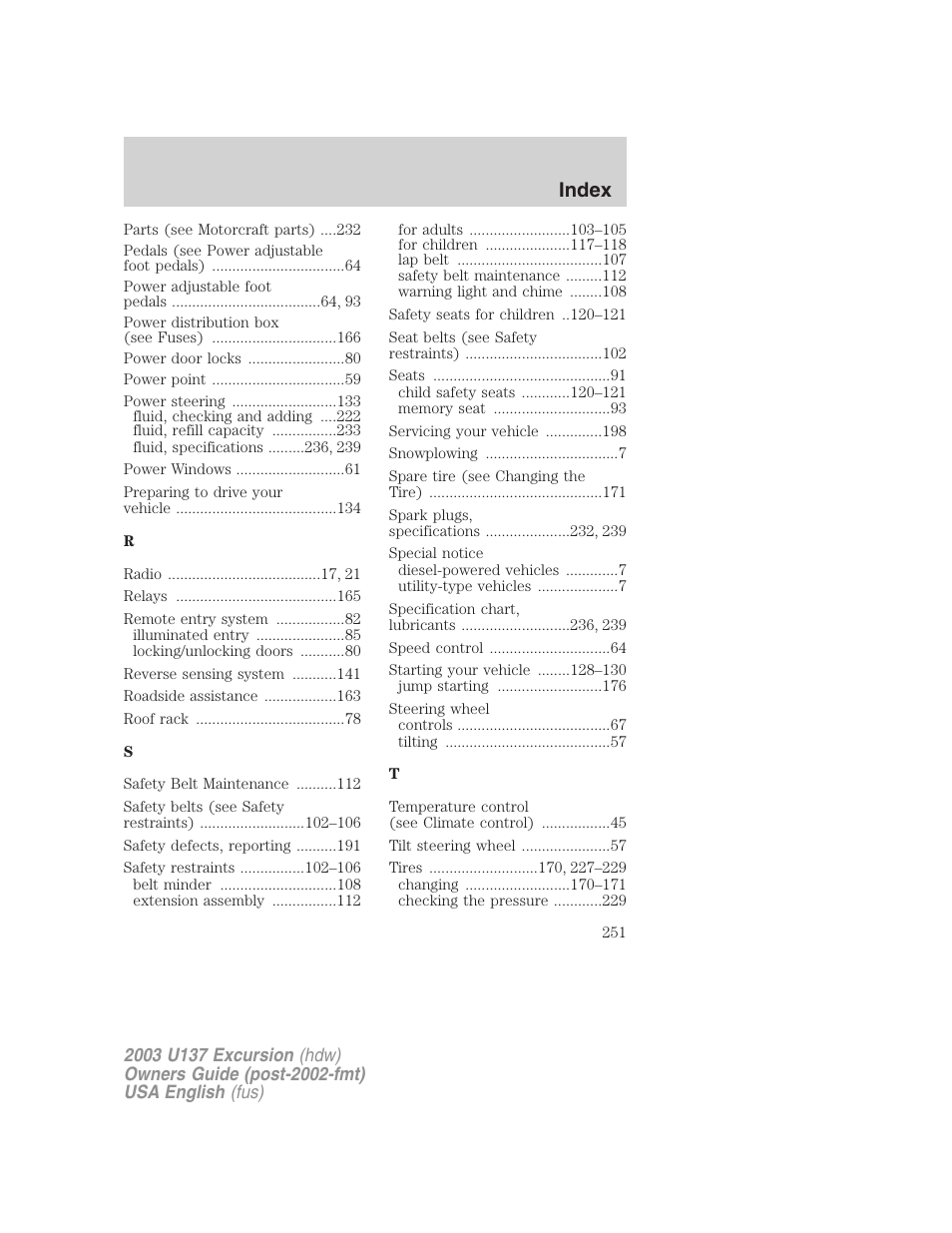 Index | FORD 2003 Excursion v.3 User Manual | Page 251 / 256