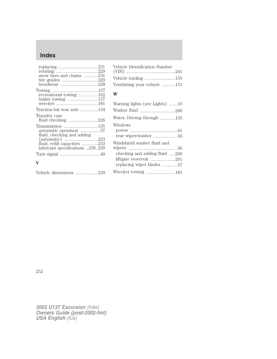 Index | FORD 2003 Excursion v.3 User Manual | Page 252 / 256