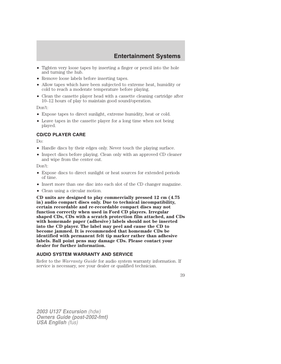 Entertainment systems | FORD 2003 Excursion v.3 User Manual | Page 39 / 256