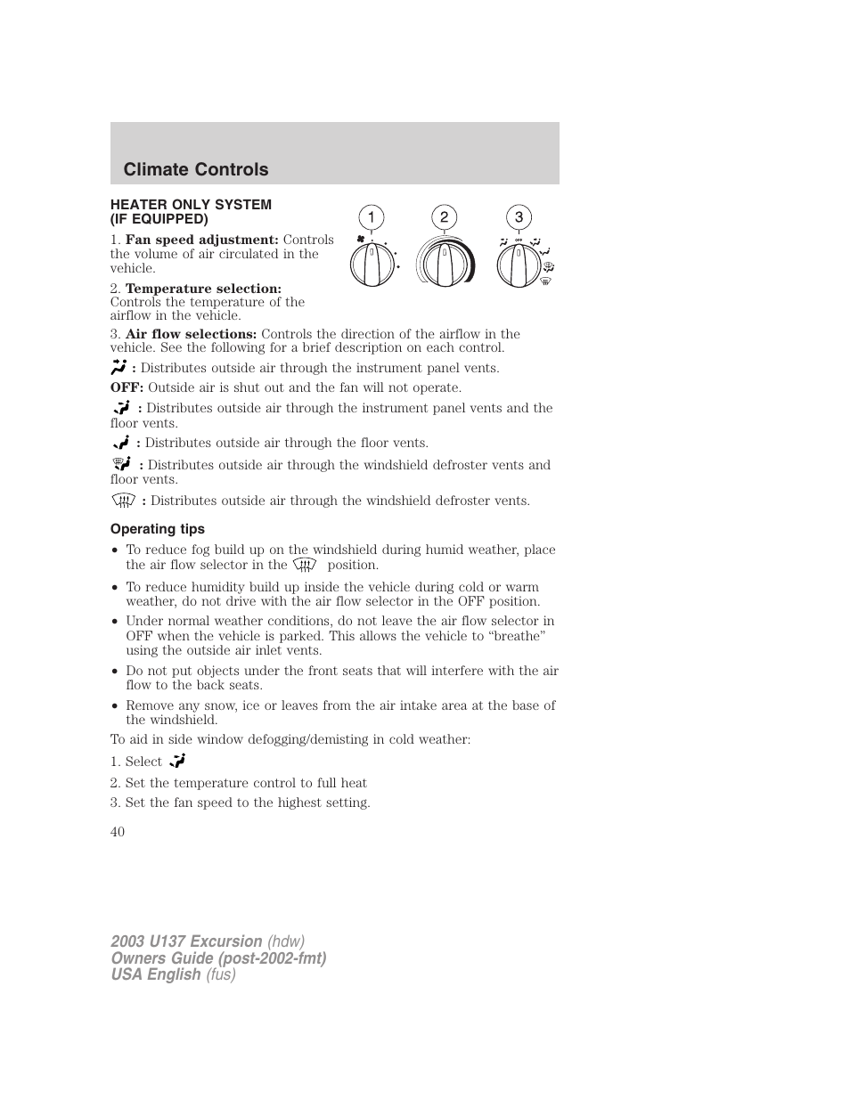 Climate controls | FORD 2003 Excursion v.3 User Manual | Page 40 / 256