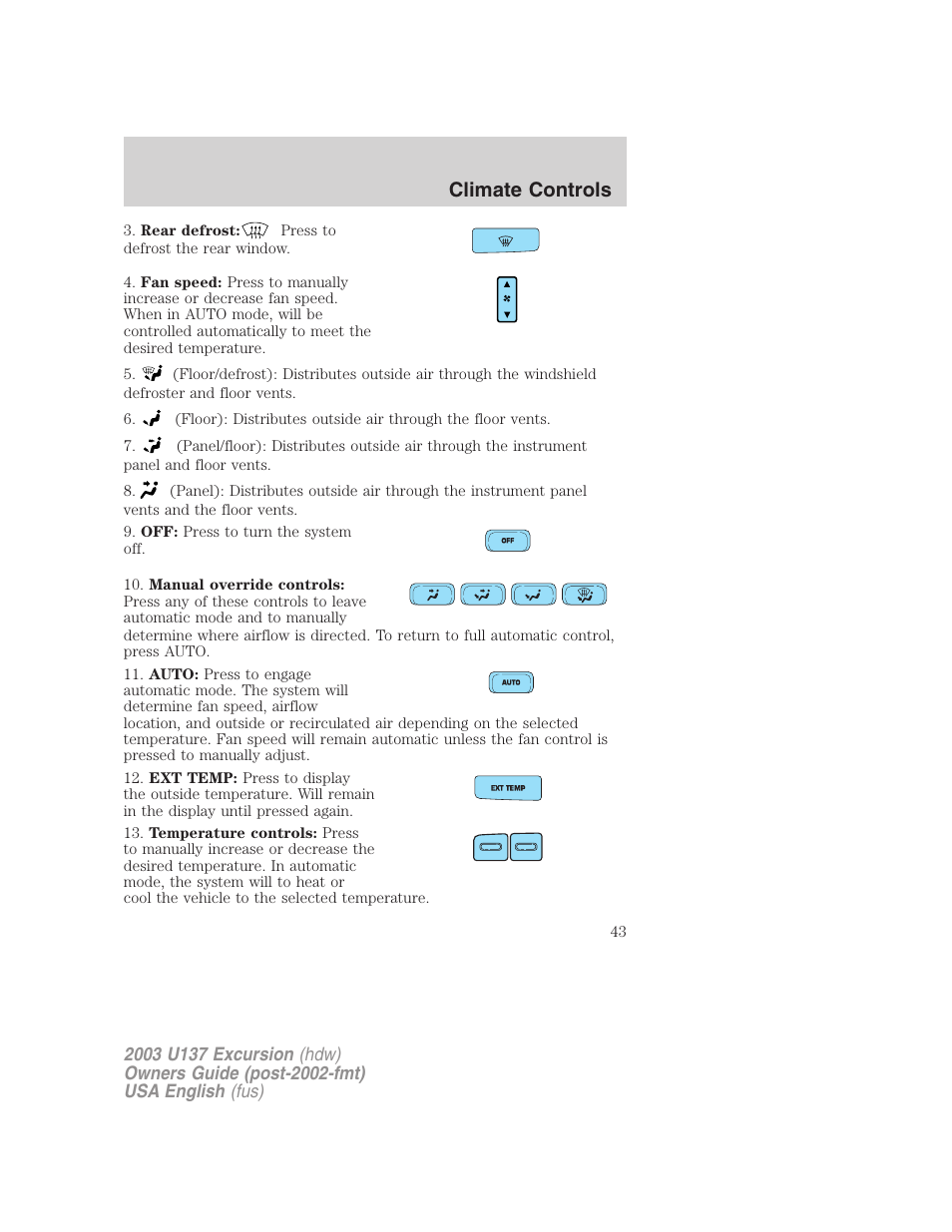 Climate controls | FORD 2003 Excursion v.3 User Manual | Page 43 / 256