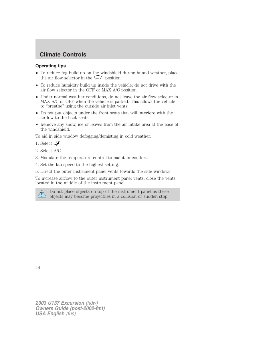 Climate controls | FORD 2003 Excursion v.3 User Manual | Page 44 / 256