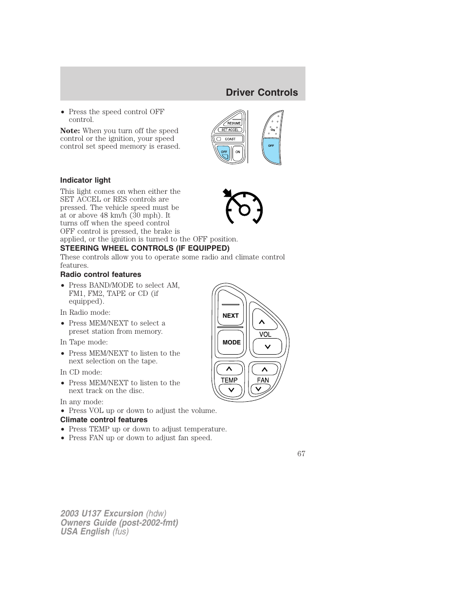 Driver controls | FORD 2003 Excursion v.3 User Manual | Page 67 / 256