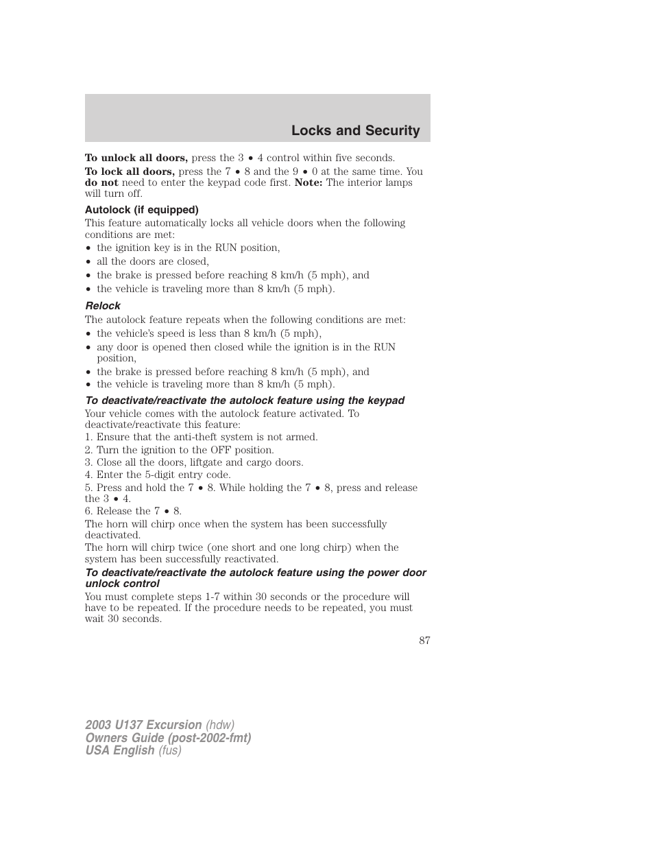 Locks and security | FORD 2003 Excursion v.3 User Manual | Page 87 / 256