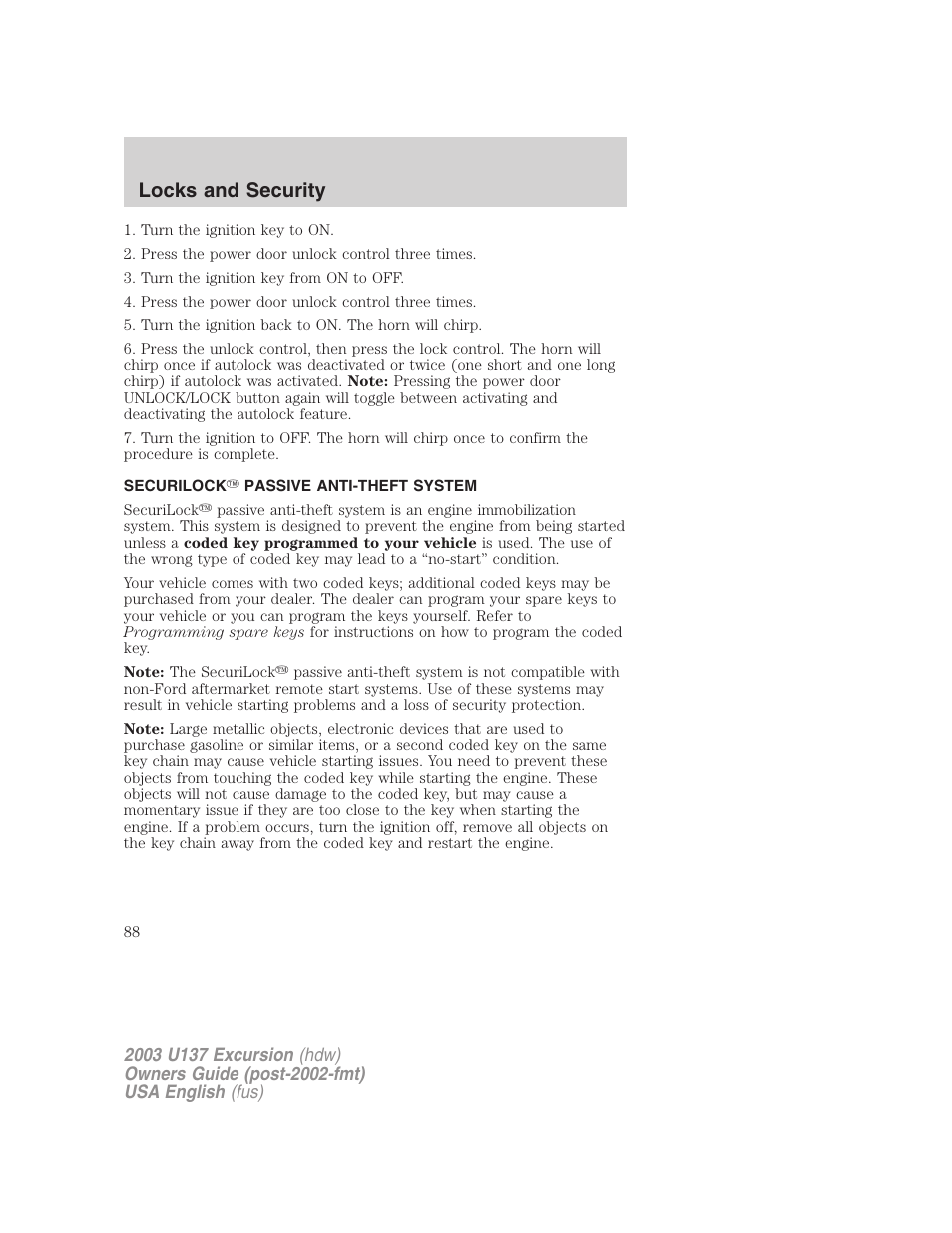 Locks and security | FORD 2003 Excursion v.3 User Manual | Page 88 / 256