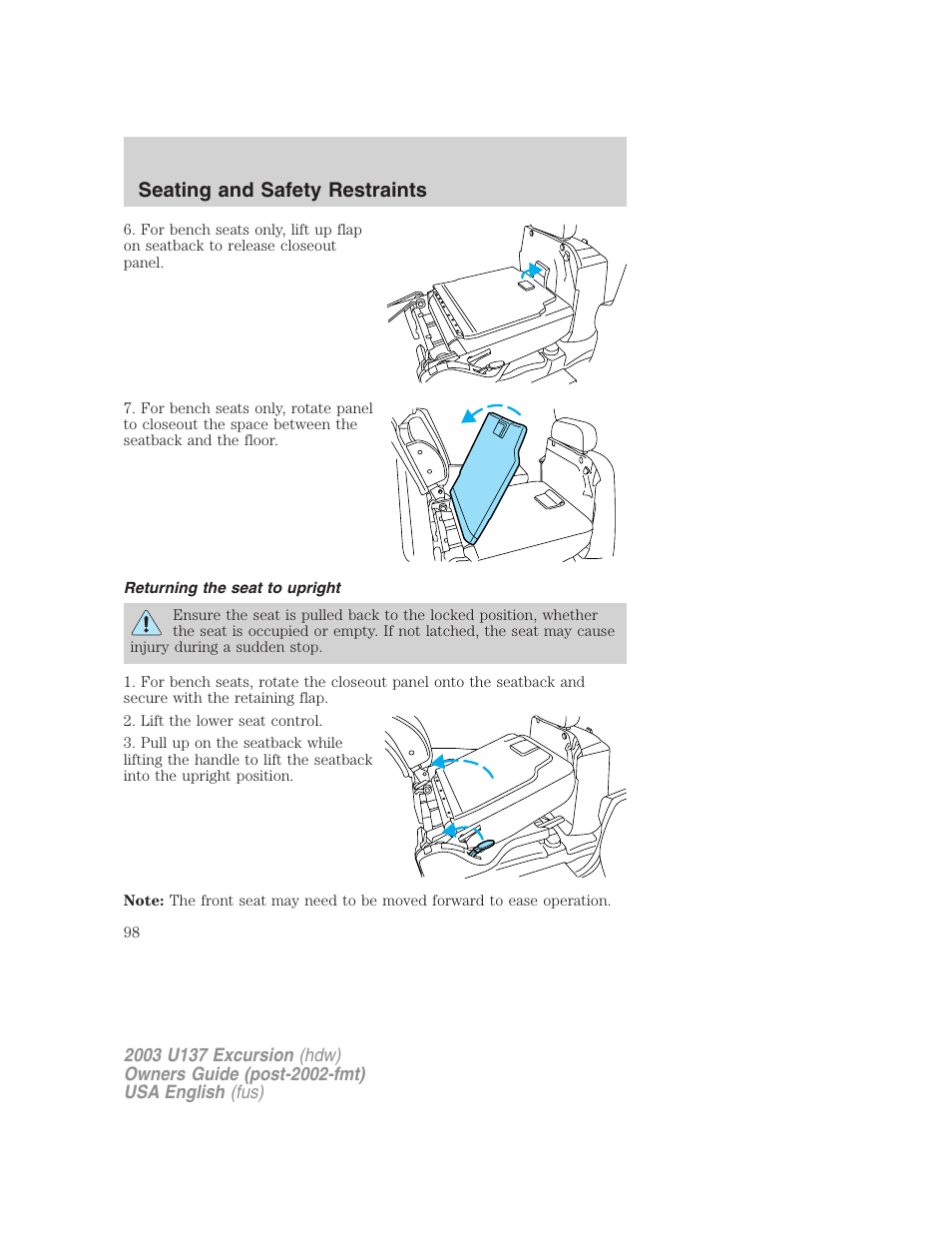 Seating and safety restraints | FORD 2003 Excursion v.3 User Manual | Page 98 / 256