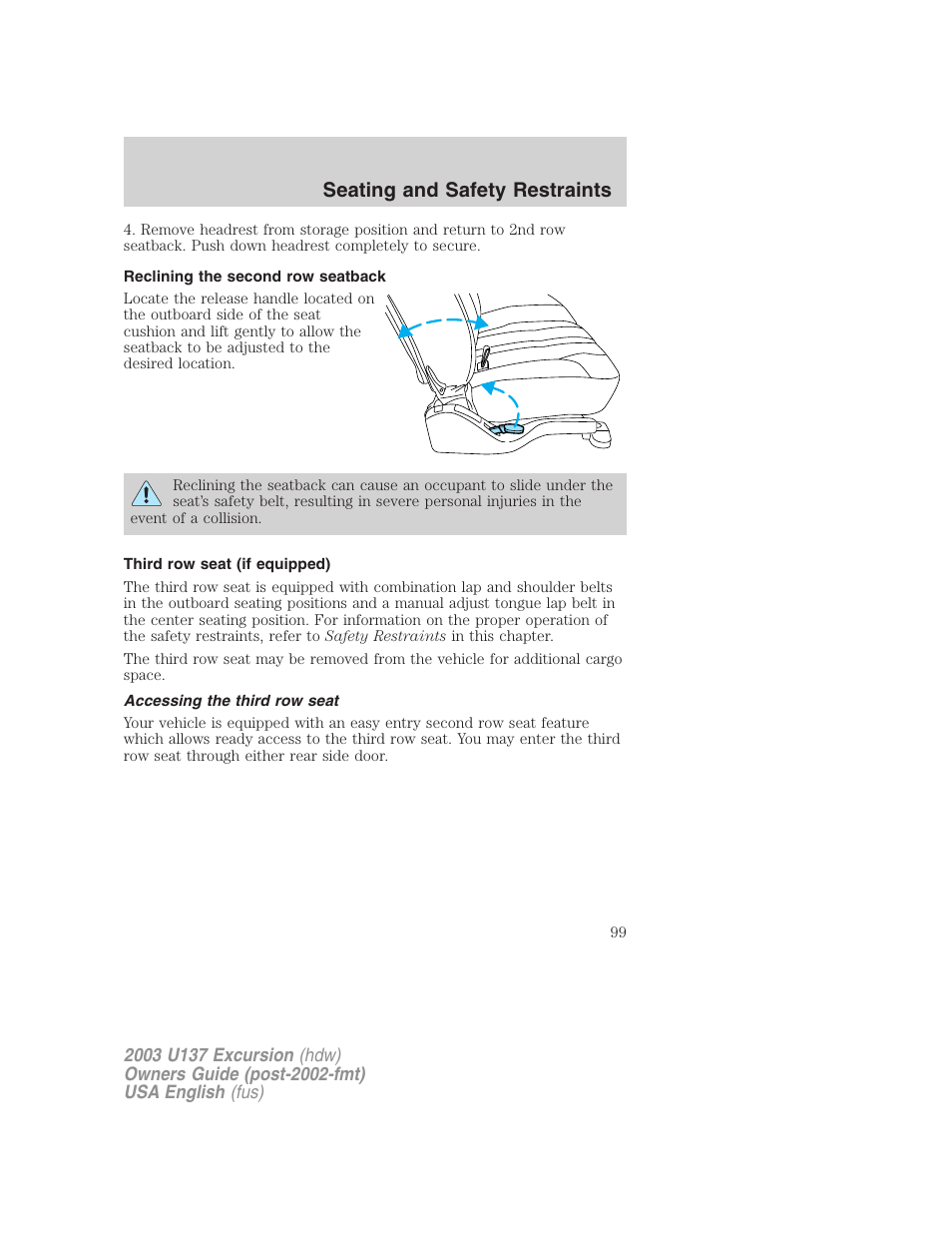 Seating and safety restraints | FORD 2003 Excursion v.3 User Manual | Page 99 / 256