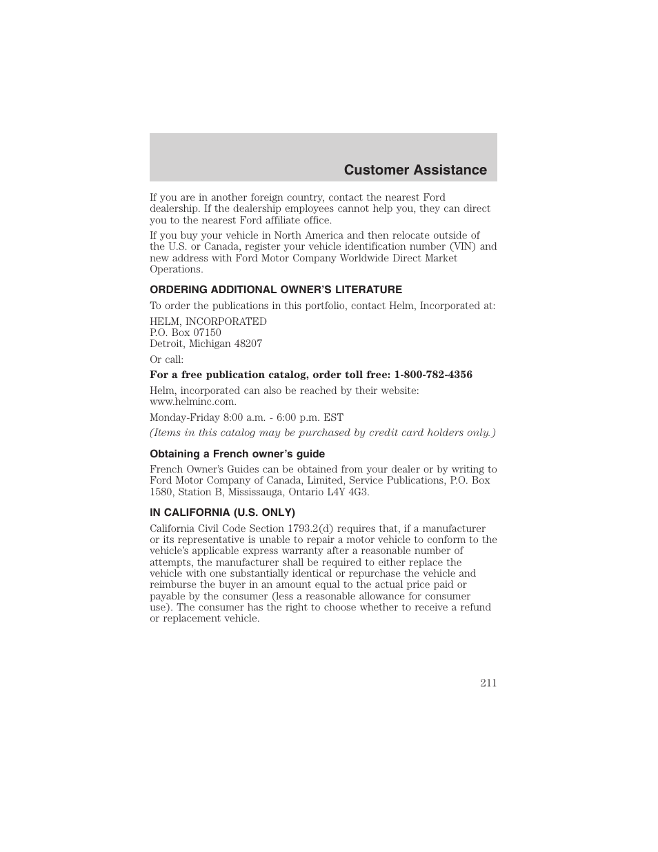 Customer assistance | FORD 2003 Excursion v.4 User Manual | Page 211 / 272