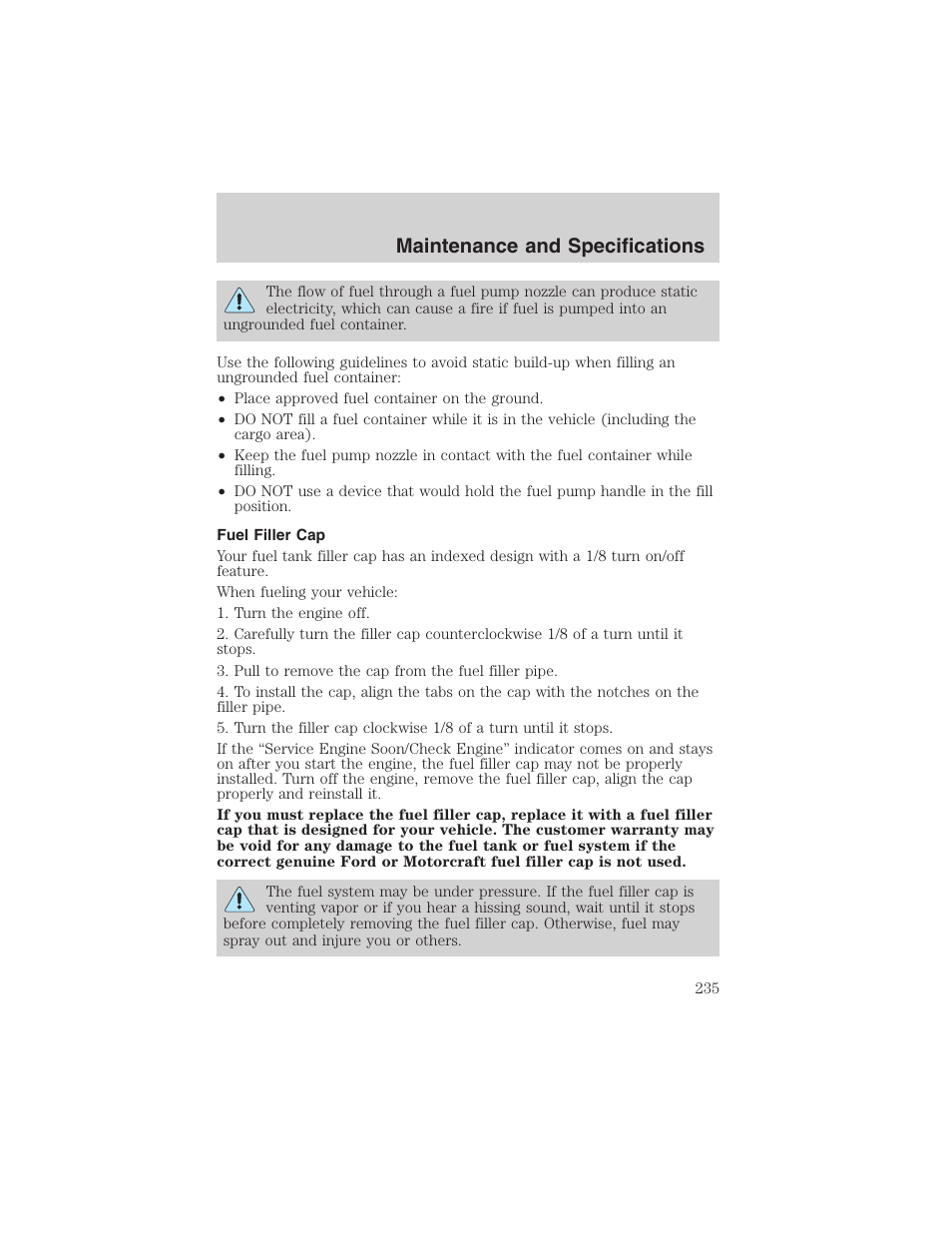 Maintenance and specifications | FORD 2003 Excursion v.4 User Manual | Page 235 / 272