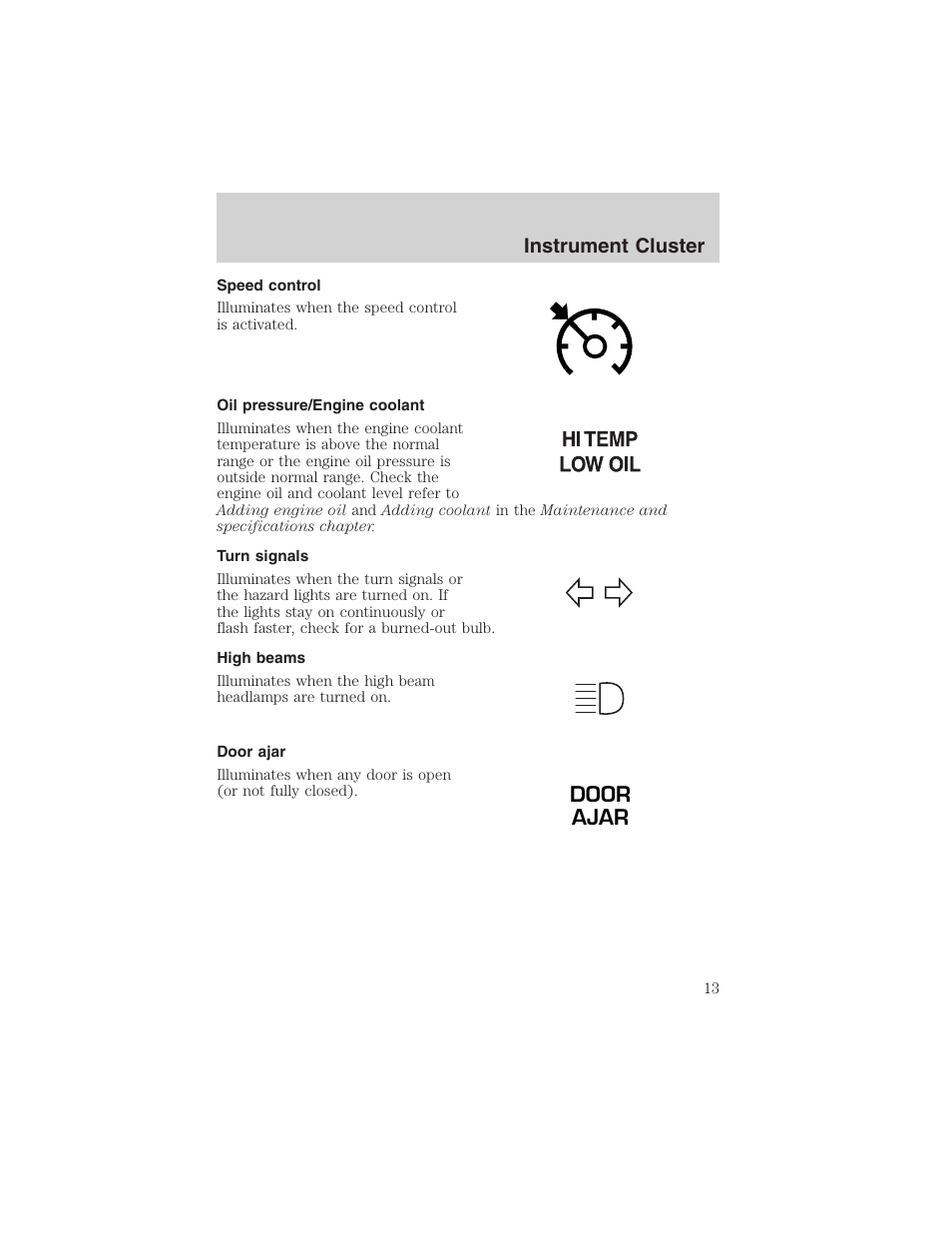 Door ajar, Instrument cluster | FORD 2003 Expedition v.1 User Manual | Page 13 / 320