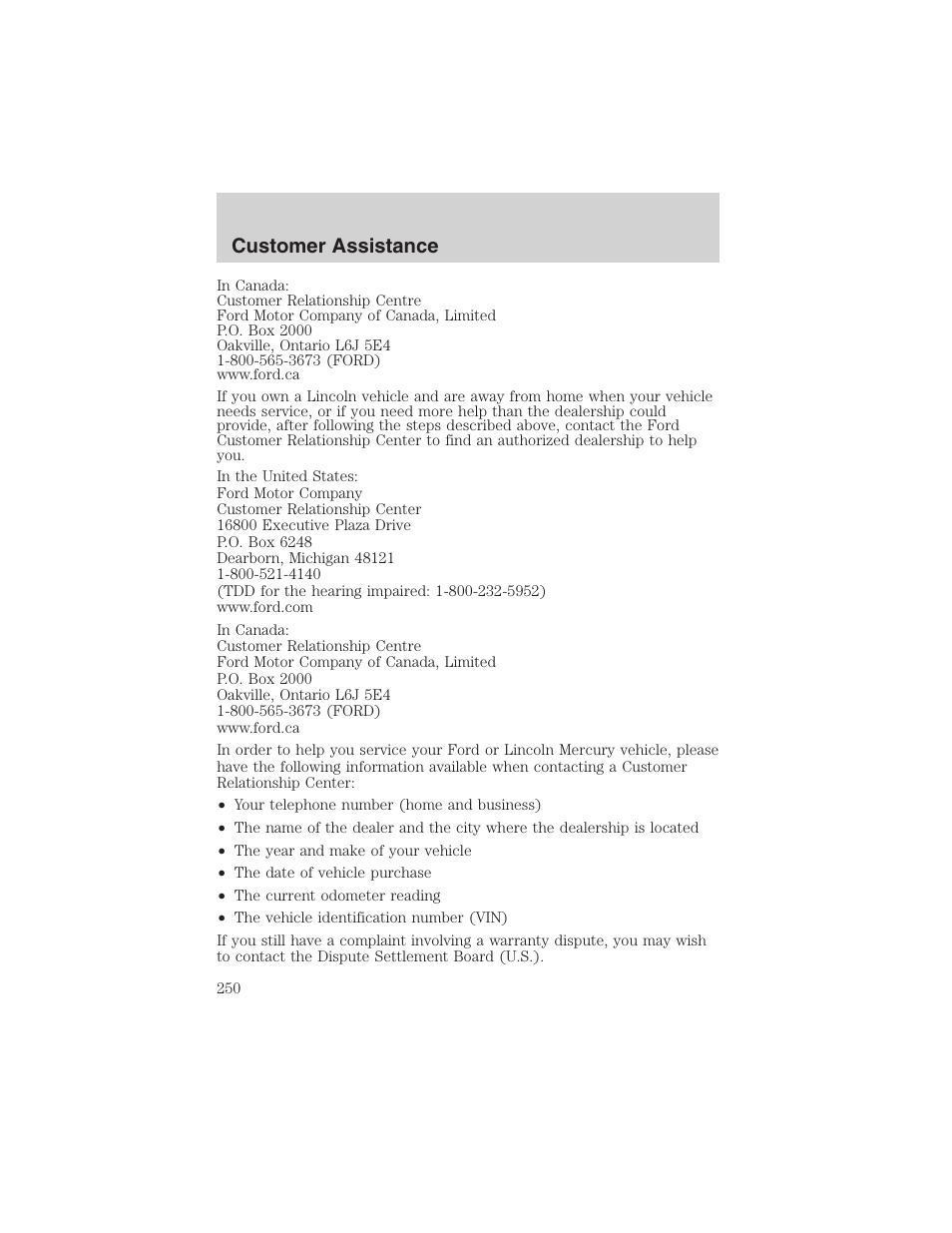Customer assistance | FORD 2003 Expedition v.1 User Manual | Page 250 / 320