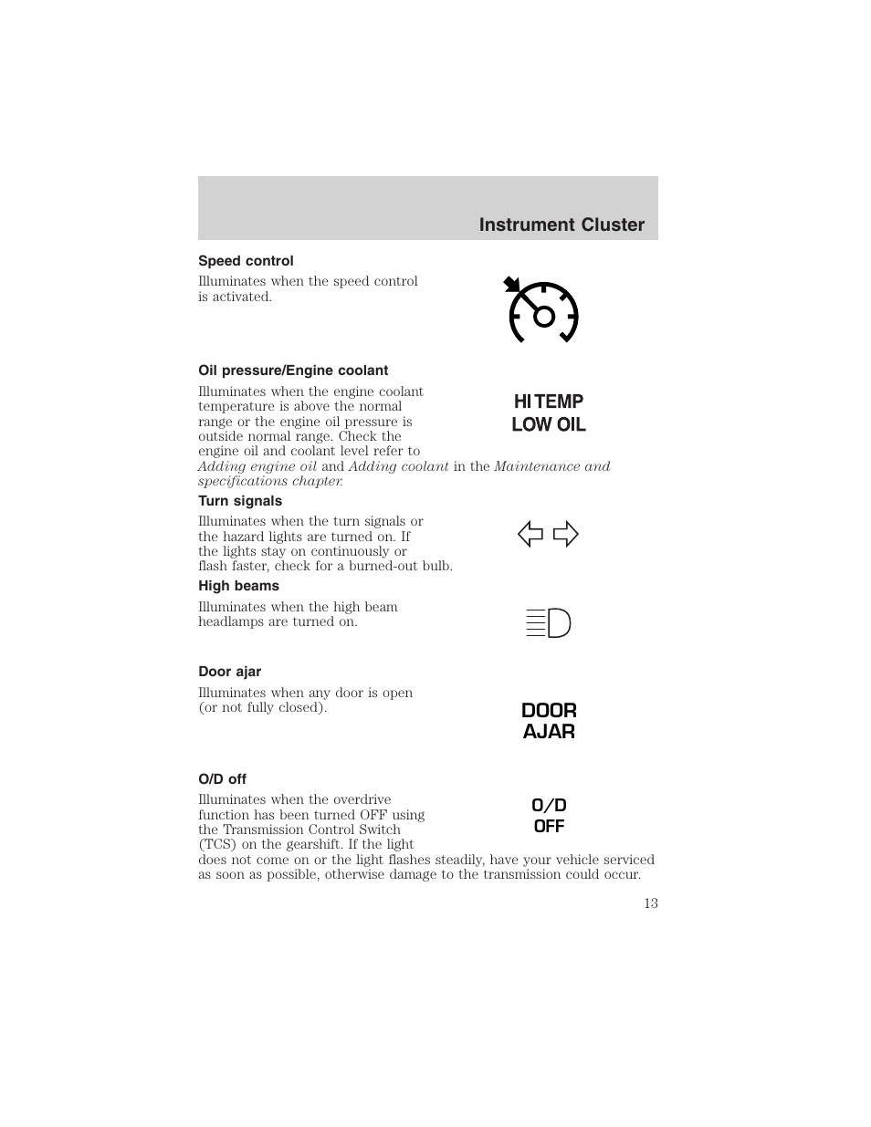 Door ajar, Instrument cluster | FORD 2003 Expedition v.2 User Manual | Page 13 / 344