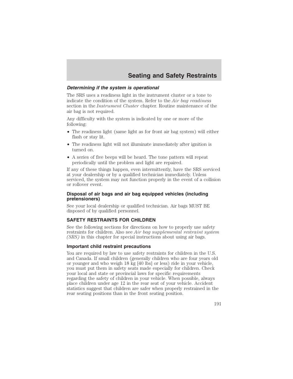 Seating and safety restraints | FORD 2003 Expedition v.3 User Manual | Page 191 / 344