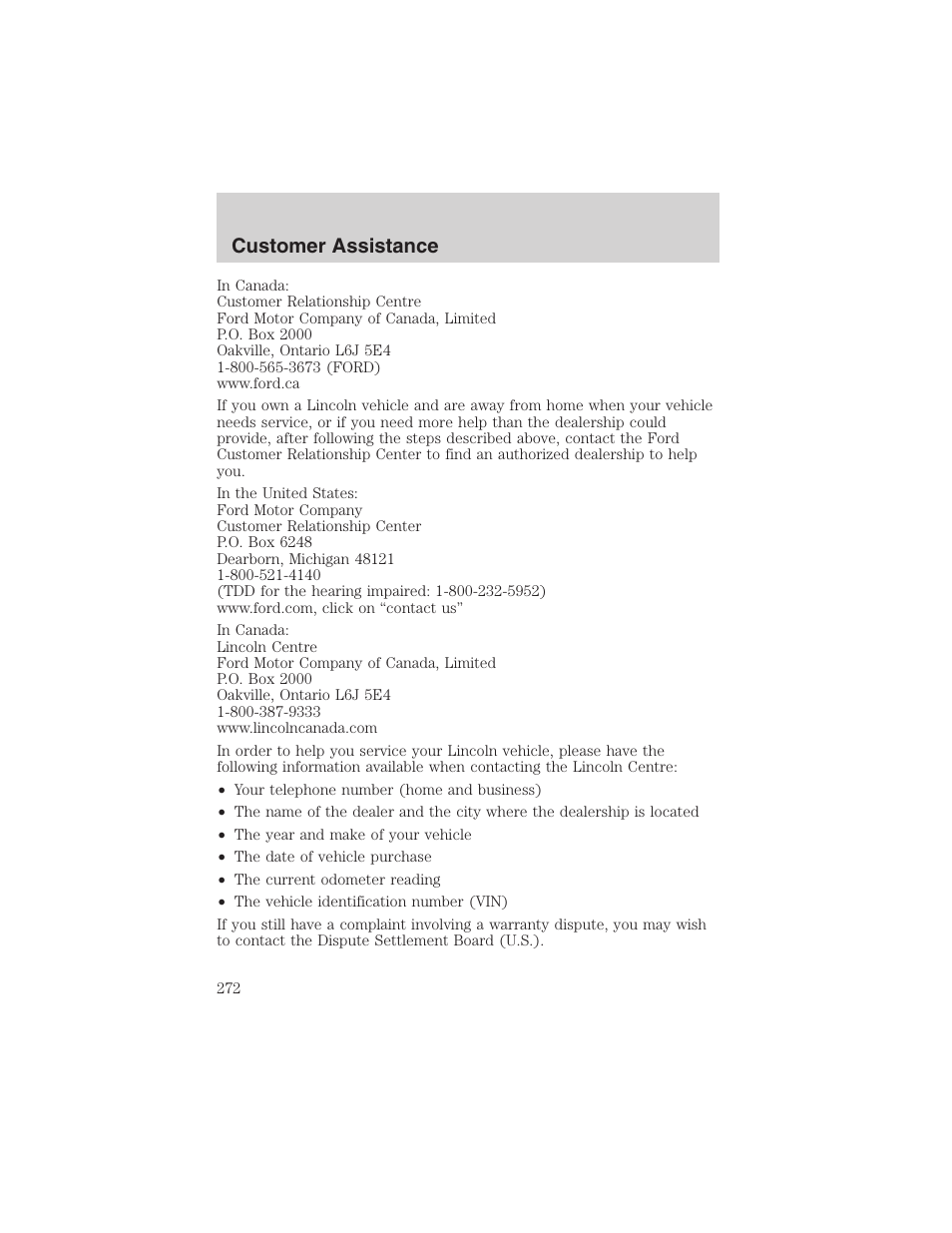 Customer assistance | FORD 2003 Expedition v.3 User Manual | Page 272 / 344