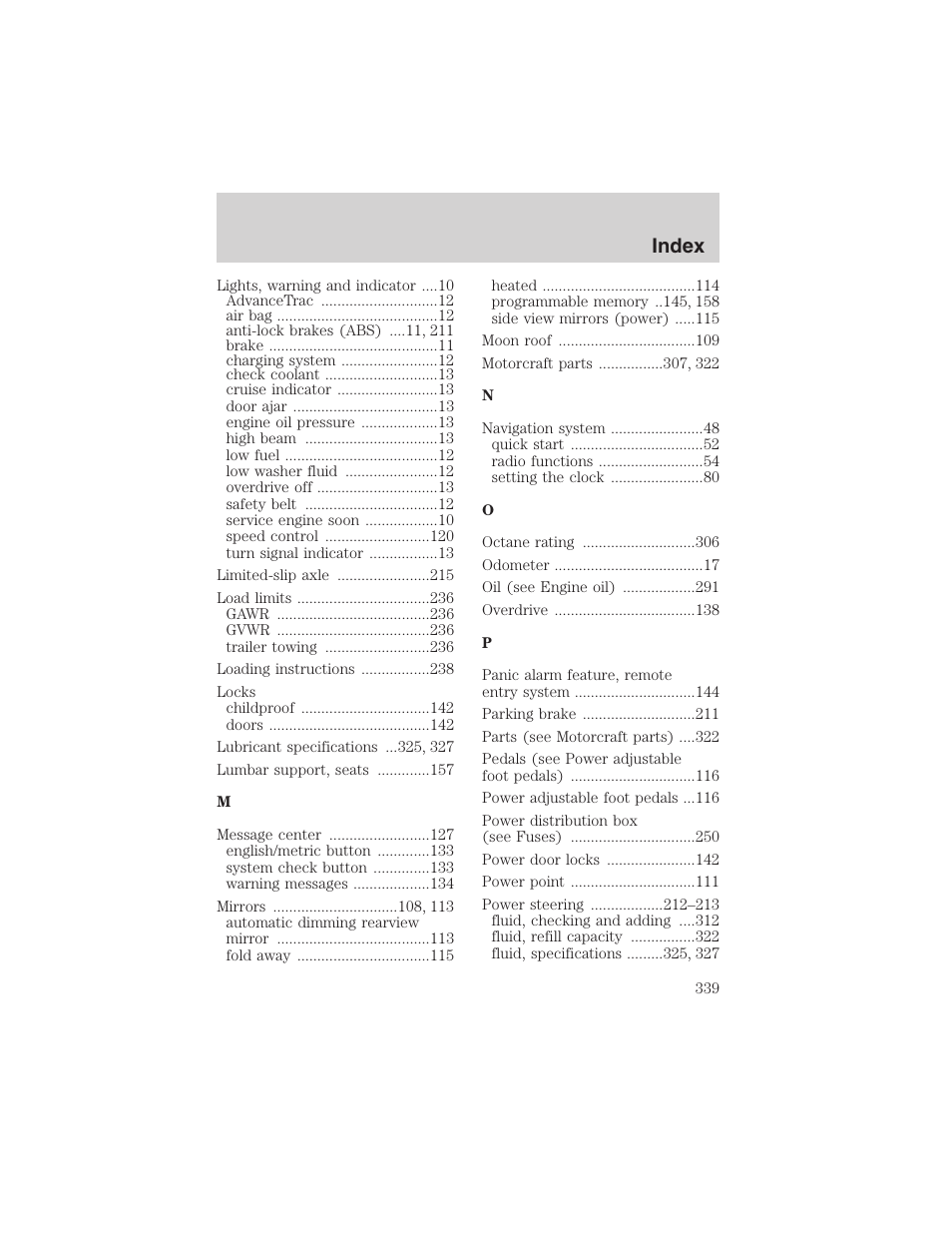 Index | FORD 2003 Expedition v.3 User Manual | Page 339 / 344