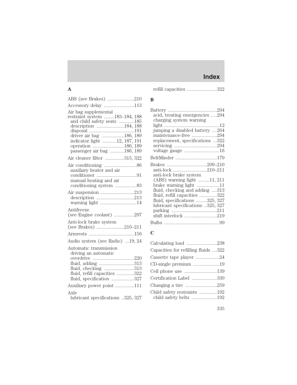 Index | FORD 2003 Expedition v.4 User Manual | Page 335 / 344