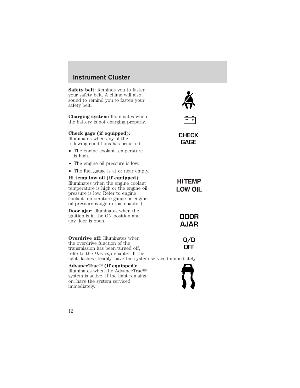 Door ajar, Instrument cluster | FORD 2003 Explorer v.1 User Manual | Page 12 / 272