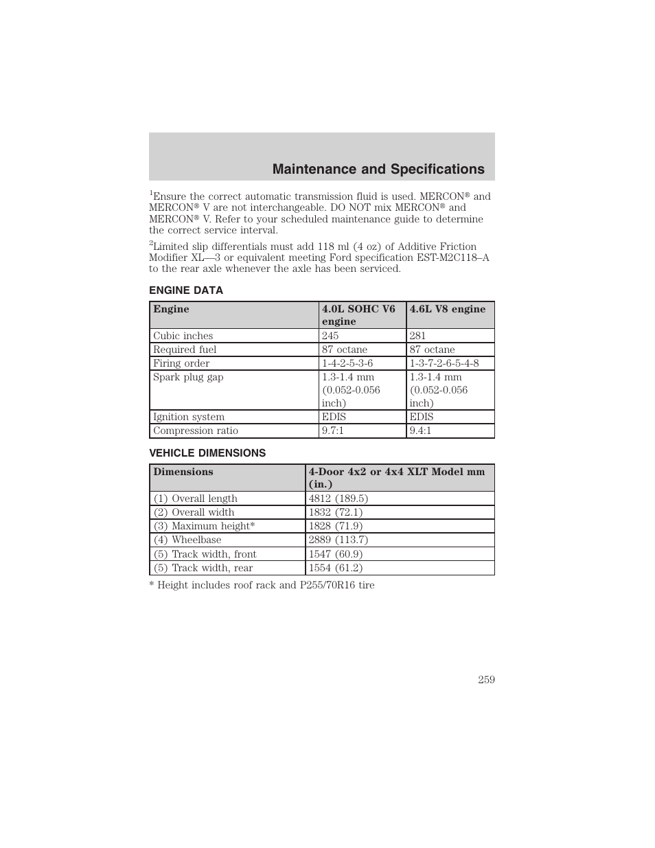 Maintenance and specifications | FORD 2003 Explorer v.1 User Manual | Page 259 / 272