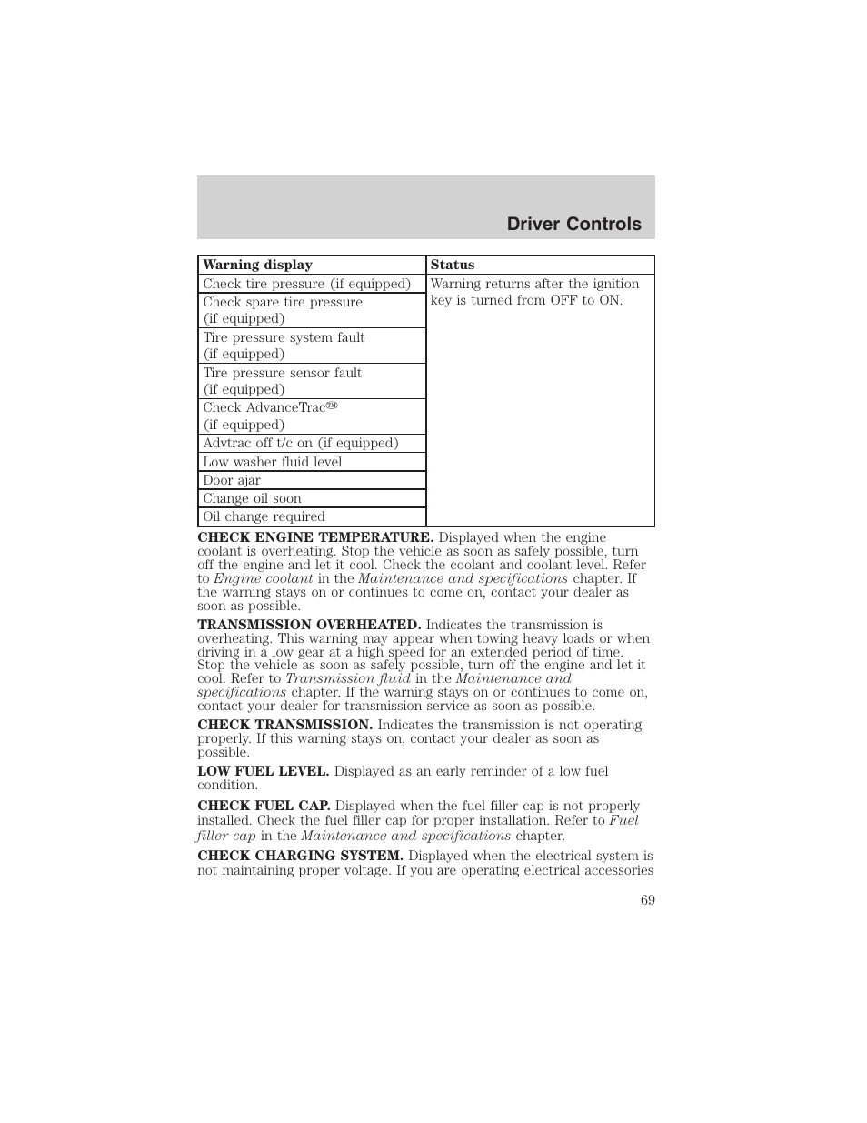 Driver controls | FORD 2003 Explorer v.1 User Manual | Page 69 / 272