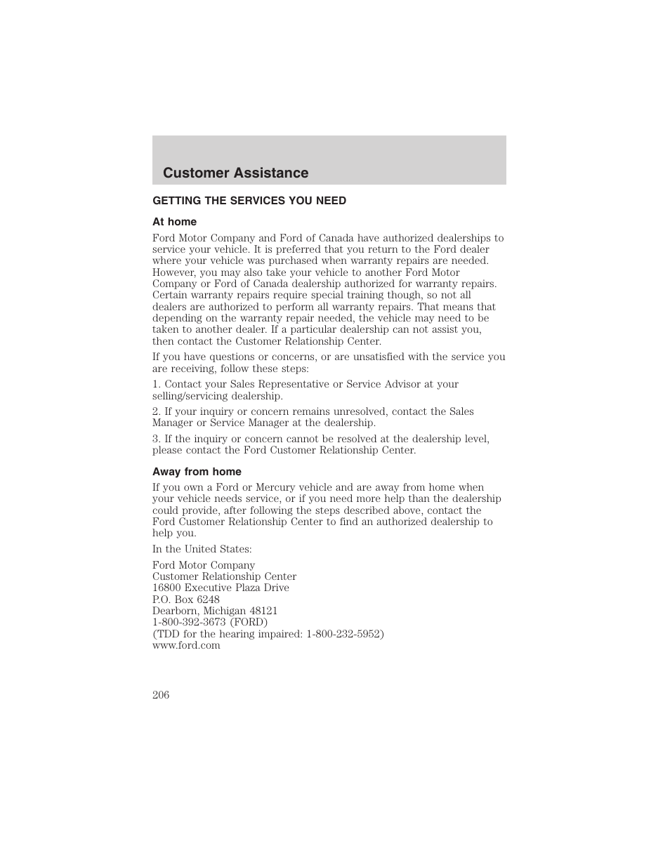 Customer assistance | FORD 2003 Explorer v.2 User Manual | Page 206 / 280