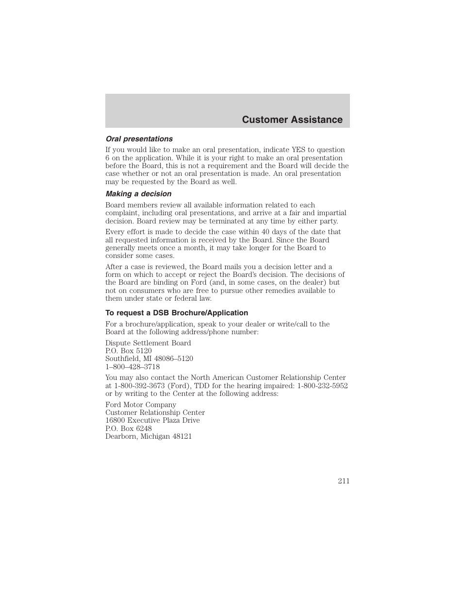 Customer assistance | FORD 2003 Explorer v.2 User Manual | Page 211 / 280