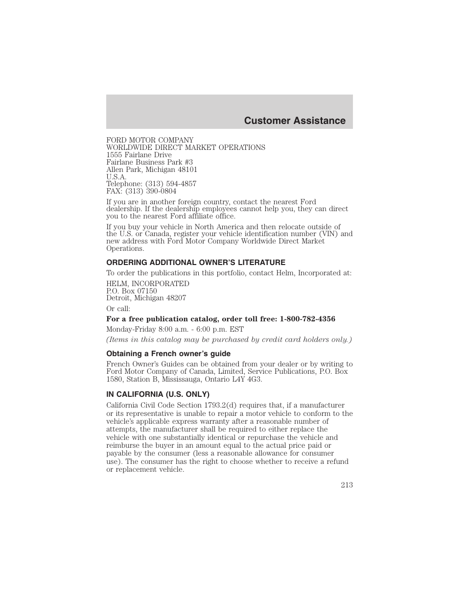 Customer assistance | FORD 2003 Explorer v.2 User Manual | Page 213 / 280