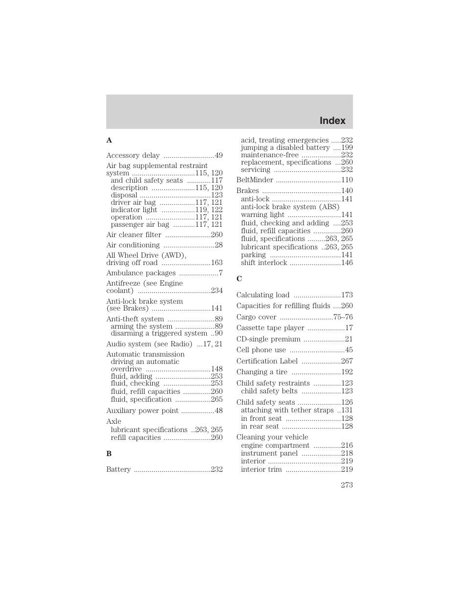 Index | FORD 2003 Explorer v.2 User Manual | Page 273 / 280