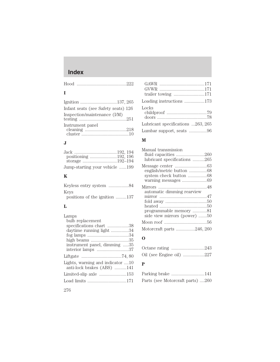 Index | FORD 2003 Explorer v.2 User Manual | Page 276 / 280