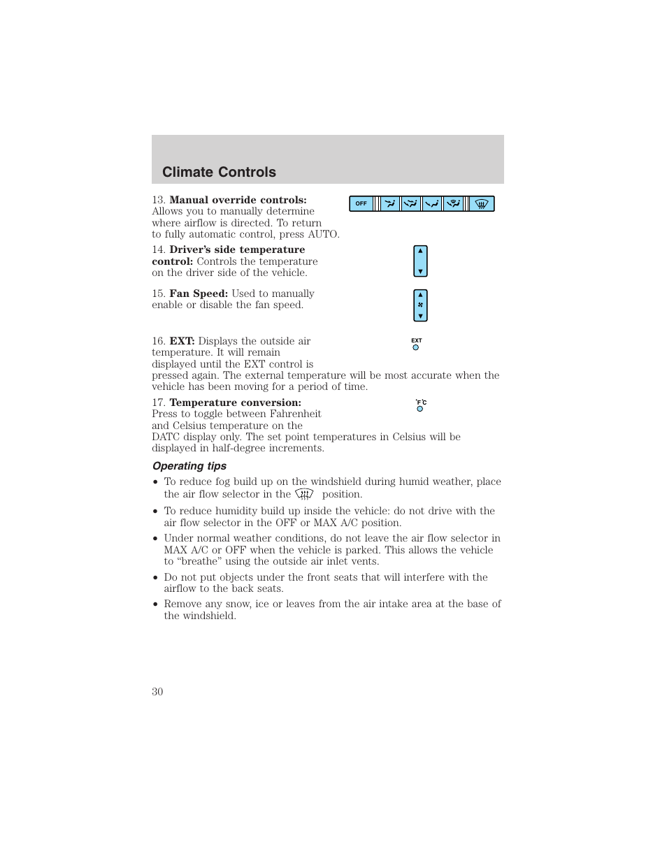 Climate controls | FORD 2003 Explorer v.2 User Manual | Page 30 / 280
